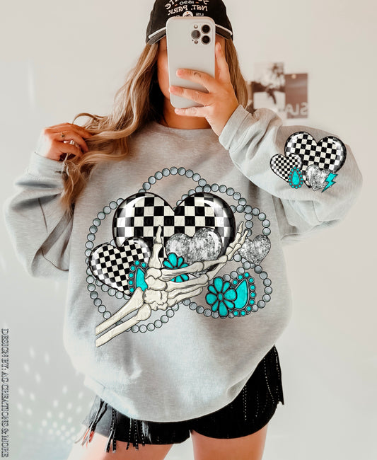 Checker Conches & Hearts W/ Skull Hand Crewneck