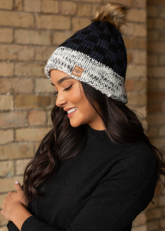 Grey and Black Pom Pom Beanie